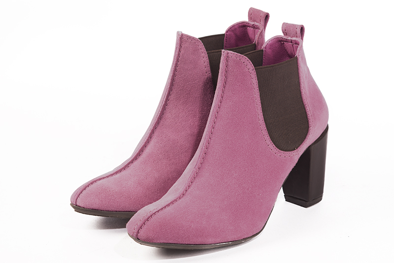 Carnation pink and chocolate brown women's elegant sneakers. Round toe. High block heels. Front view - Florence KOOIJMAN